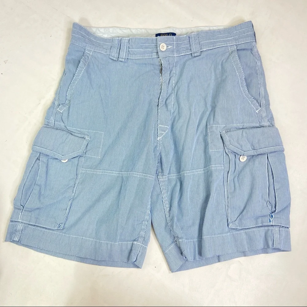 Polo Ralph Lauren blue and white seersucker cargo shorts. Size 35